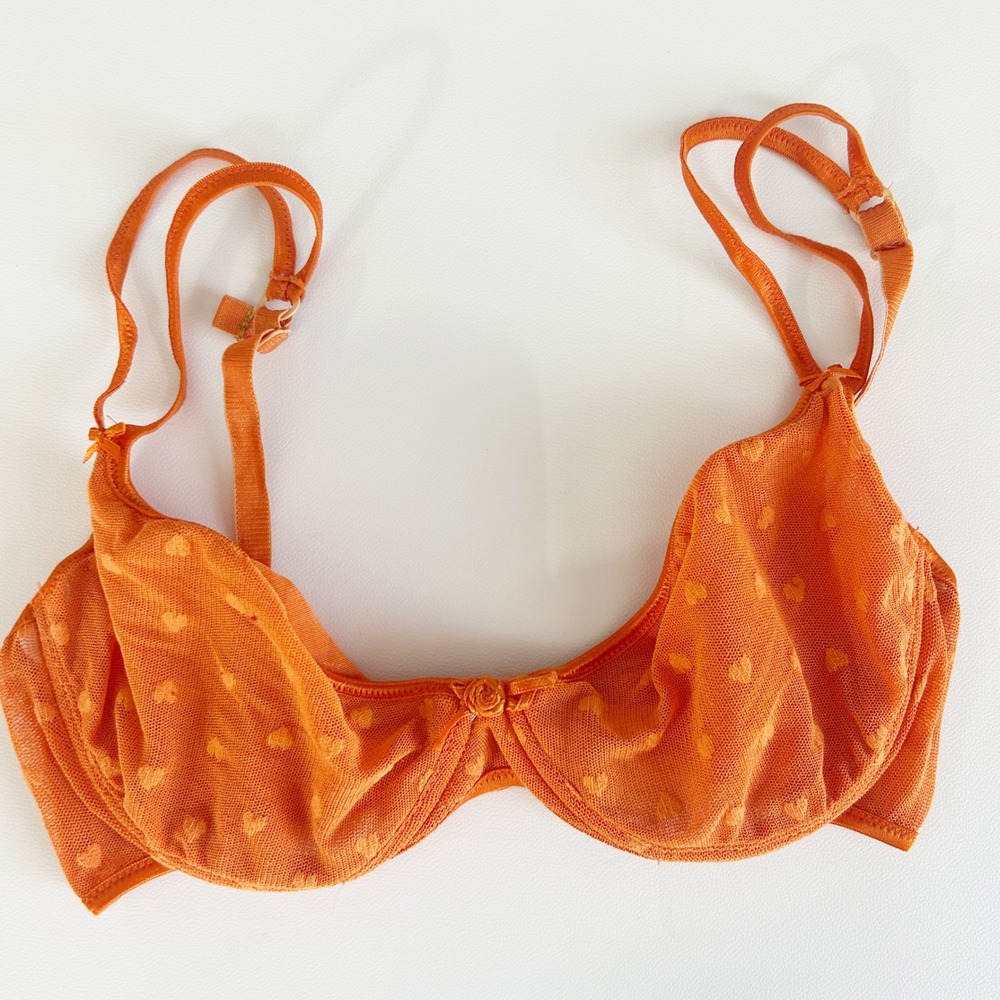Moschino Womens Orange Heart Flocked‎ Mesh Vintage Italian Lingerie Bra Size 36B
